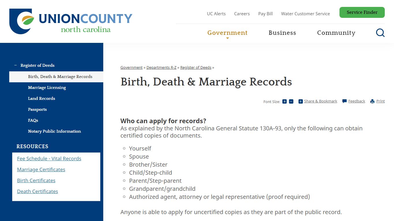 Birth, Death & Marriage Records - Union County, NC